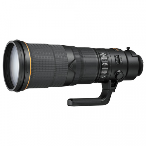 Long telephoto zoom lens with textured grip and built-in tripod collar, isolated on white surface.