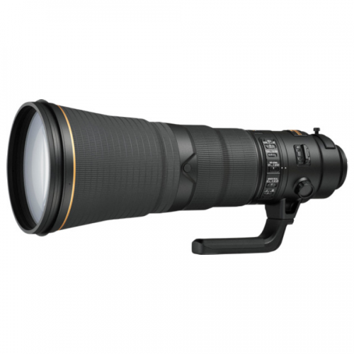 Black telephoto zoom lens with textured grips and a tripod collar, oriented to the left on a white background.