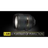 Nikon camera lens on a black background with a yellow-bordered banner reading 'I AM A PORTRAIT OF PERFECTION' in front.