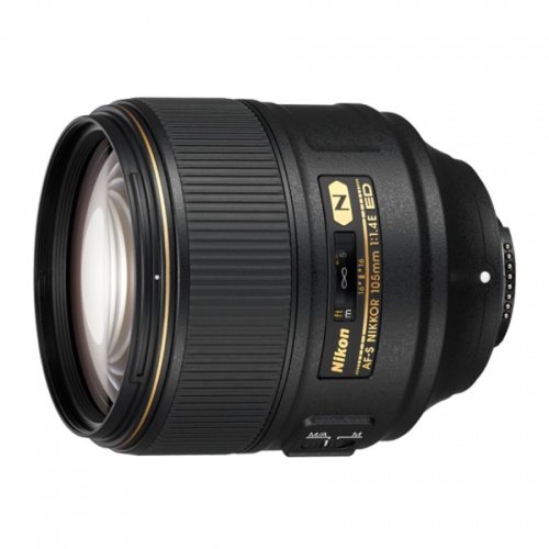 Nikon 105mm f/1.4E ED NIKKOR lens viewed from the side