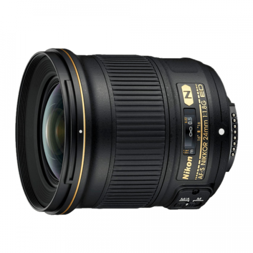 Nikon AF-S Nikkor 24mm f/1.8G ED wide-angle camera lens close-up with gold ring accents