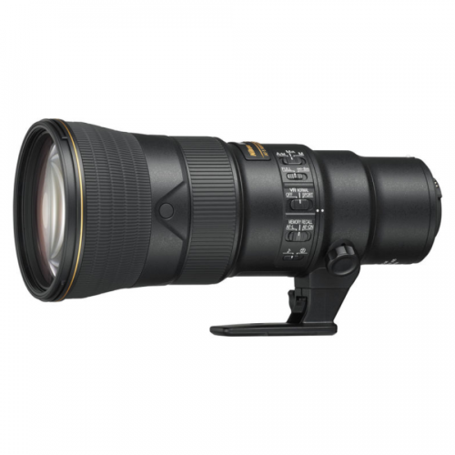 Large professional telephoto camera lens with a tripod collar and multiple control switches visible on the side.
