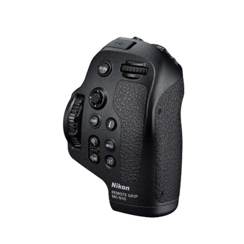 Nikon remote grip MC-N10 for a DSLR, showing controls and textured grip surface used to steady shots and hold a camera upright