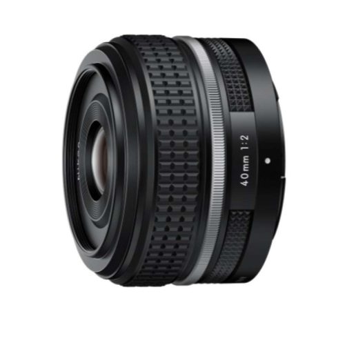 40mm f/2 camera lens viewed from the side with textured grip and metallic ring details