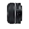 Side view of a black 40mm f/2 camera lens with knurled focus rings and mount