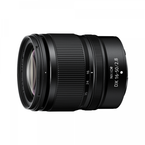Nikon DX 16-50mm f/2.8 zoom lens shown from the side, black with textured grip