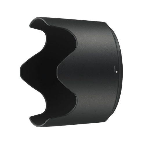Black curved camera lens hood with a scalloped inner edge and an 'L' mark, shown from the side of the attachment beneath white background, informative image