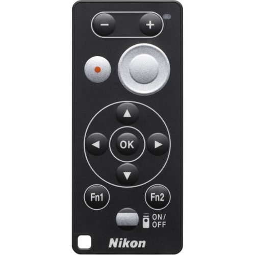 Nikon remote control featuring a circular directional pad with OK in center, Fn1/Fn2 buttons, power switch, and plus/minus at top.