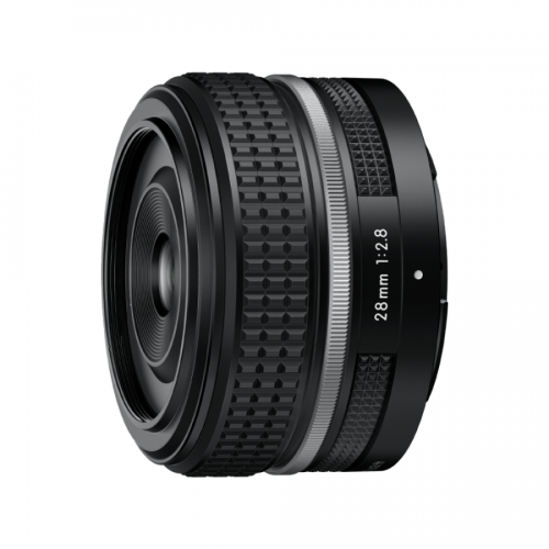 28mm f/2.8 camera lens shown from the side, black with textured grip and silver focus ring, labeled 28mm 1:2.8