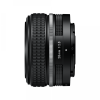 Side view of a compact 28 mm f/2.8 camera lens with textured grip rings and metal mount visible