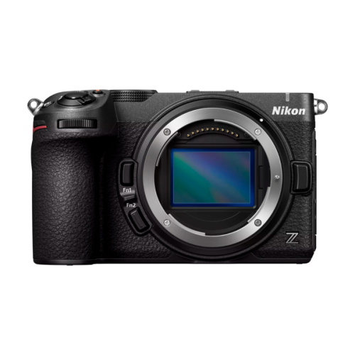 Nikon mirrorless camera body with lens mount exposed and sensor visible, brand name Nikon on the top right.