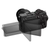 DSLR camera with multiple flip-out LCD screens extended to the side for composing shots from different angles