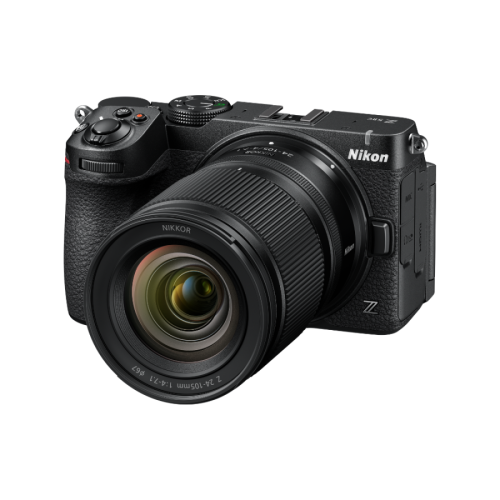 Nikon Z-series mirrorless camera with a zoom lens attached, shown from a front-angle view.