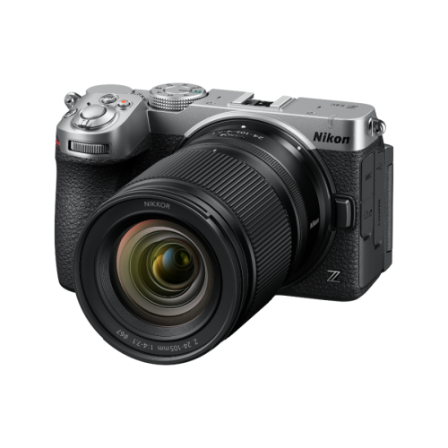 Nikon Z-series mirrorless camera with a large zoom lens attached.