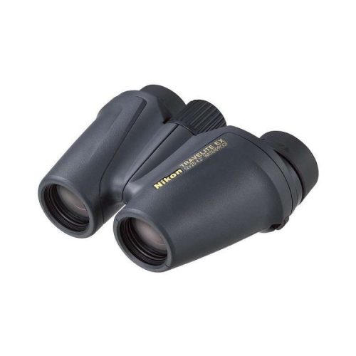 Compact dark gray Nikon Travelite EX binoculars seen from the side on a white background.