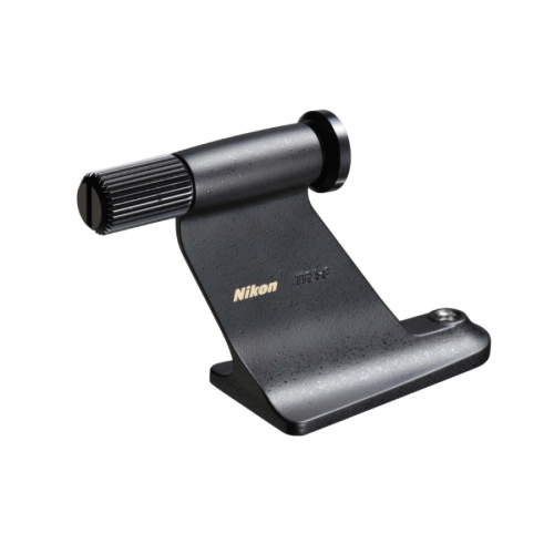 Nikon-branded metal mount/stand accessory with a knurled adjustment cylinder and circular clamp.
