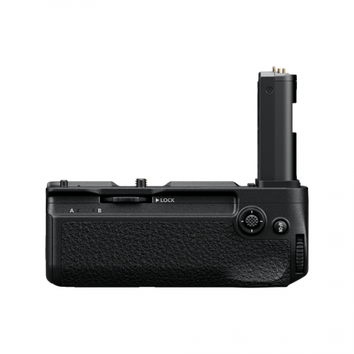 Bottom view of a black camera body with a vertical battery grip attached on the right side.
