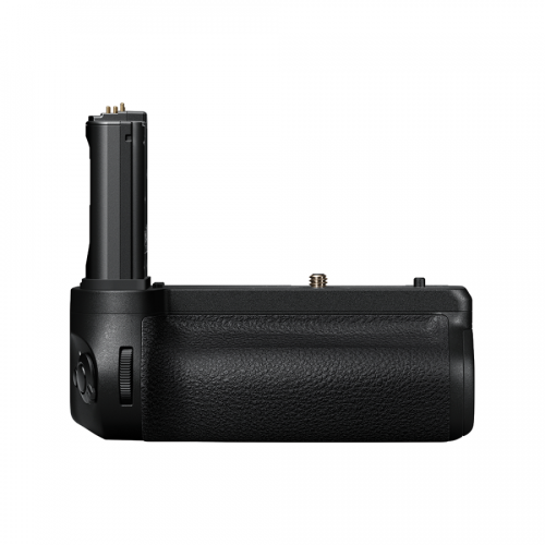 Black camera body with a vertical battery grip attached on the left side, side view image.