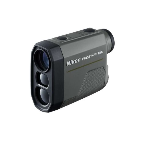 Nikon ProStaff 1000 laser rangefinder in gray with textured grip, facing left, showing its lenses and branding