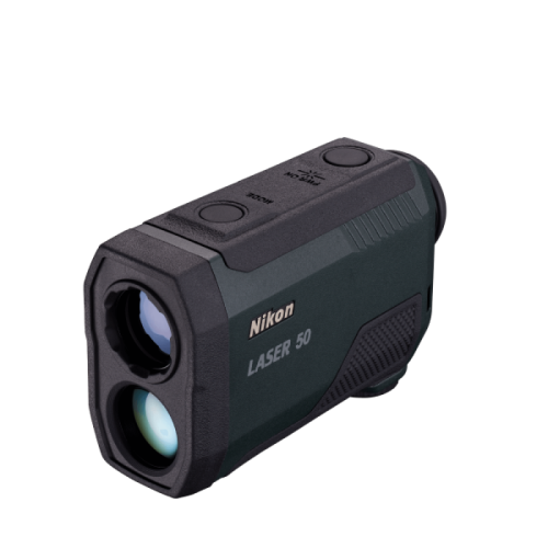 Nikon Laser 50 rangefinder with dual front lenses and dark green body on white background