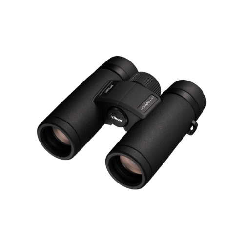 Black Nikon Monarch 7 binoculars with a central focus knob, angled from the front-left.
