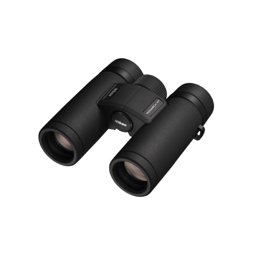 Nikon Monarch 7 binoculars in black, shown from a side angle with dual barrels and central focusing wheel.