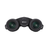 Black compact binoculars with green-tinted lenses and a central Nikon focusing wheel, viewed from the front.