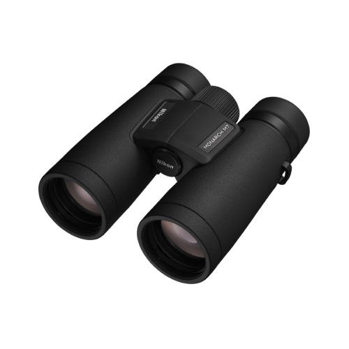 Nikon Monarch M7 black binoculars seen from an angled top view with a central focusing wheel