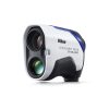 Nikon Coolshot Pro II Stabilized rangefinder shown from the front/side view with dual lenses and white body.