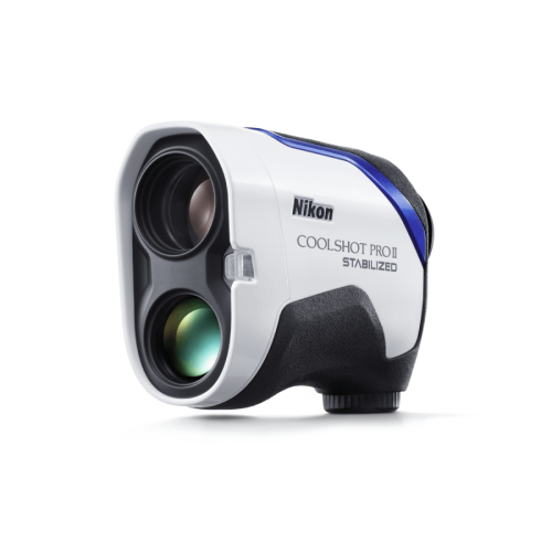 Nikon Coolshot Pro II Stabilized rangefinder shown from the front/side view with dual lenses and white body.