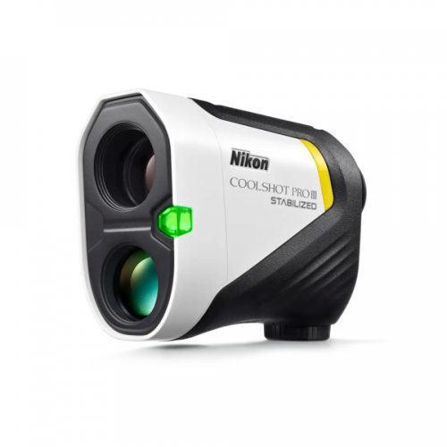 Nikon CoolShot Pro stabilized golf rangefinder facing left with a green status light viewed up close.