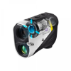 Golf laser rangefinder with stabilized optics for distance measurement.