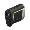 Compact black action camera with lens on the left and a yellow trim, shown from a tilted side view.