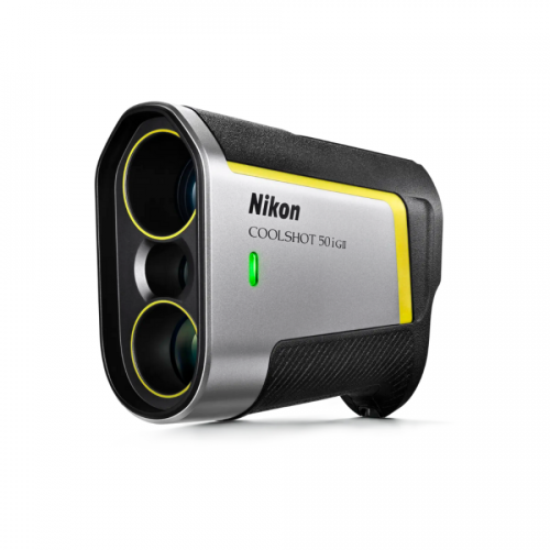 Nikon Coolshot 50i GII golf laser rangefinder with metallic body, yellow trim, and green status light