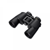 Black binoculars focused for viewing, with central focus wheel and eyepieces facing forward