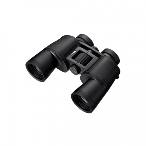 Black binoculars focused for viewing, with central focus wheel and eyepieces facing forward