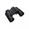 Black Nikon binoculars with central focus wheel, viewed from a slight angle for product detail, showing dual eyepieces and lenses for distant viewing.