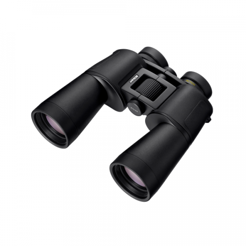 Black binoculars with central focusing wheel, angled view showing two objective lenses and eyepieces.