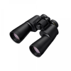 Pair of black binoculars with large objective lenses viewed from a slight top-left angle, ready for use in observing distant objects.