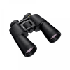 Black binoculars viewed from an angled perspective, showing the eyepieces and central focusing wheel (Nikon).