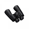 Black binoculars with a central focus wheel, viewed from an angled side.
