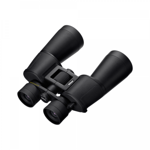 Black Nikon binoculars with a central focusing wheel, photographed against a white background, showing the eyepieces and lenses.