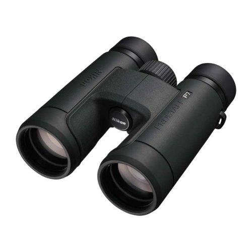 Black Nikon binoculars with a central focus wheel, viewed from above, showing dual eyepieces and textured grip