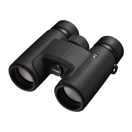 Nikon PROSTAFF P7 binoculars in black, shown at an angle for product detail.