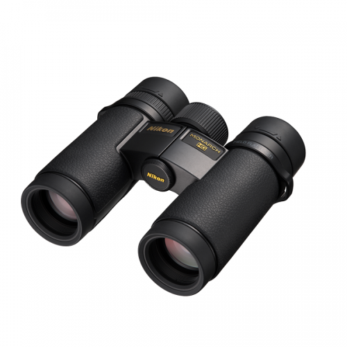 Nikon Monarch HG binoculars from an angled top view, showing dual eyepieces and textured grips.