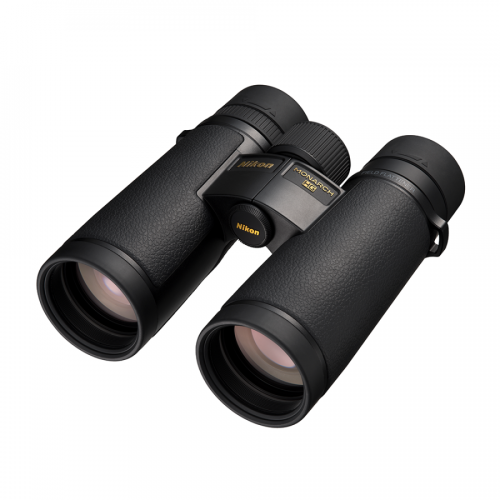 Nikon Monarch HG binoculars with textured black bodies shown at an angle, branding visible on the center hinge