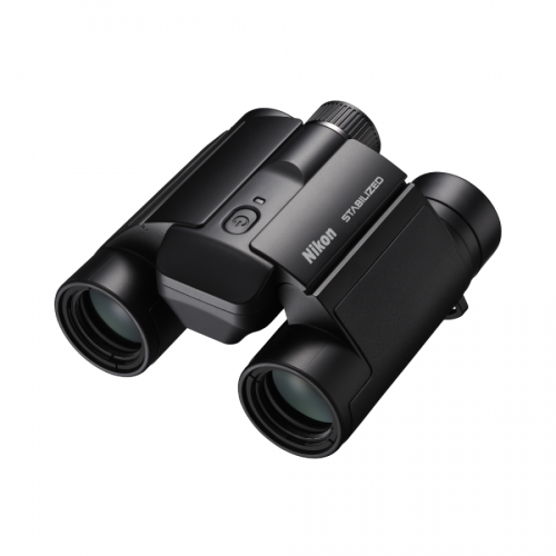 Compact black Nikon stabilized binoculars, angled view showing lenses and central focus knob.