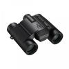 Black compact binoculars viewed from a slight angle, showing the dual eyepieces and central focusing wheel.