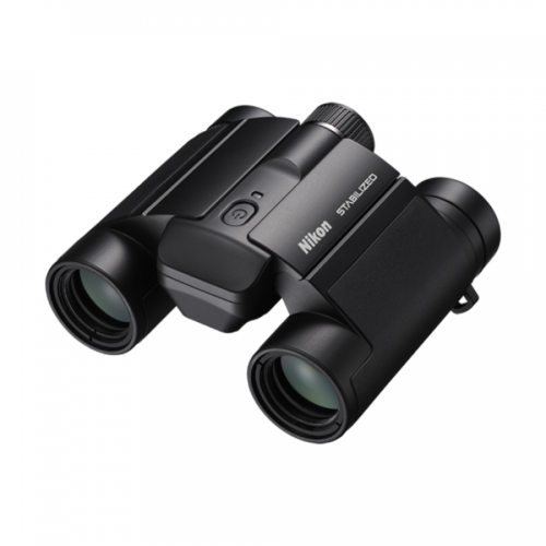 Nikon stabilized compact binoculars in black, showing dual eyepieces and central focus knob