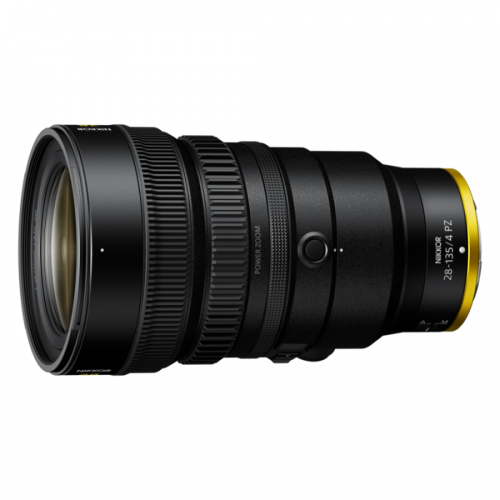 Nikon NIKKOR 28-135mm power-zoom lens shown in side view with a gold rear ring